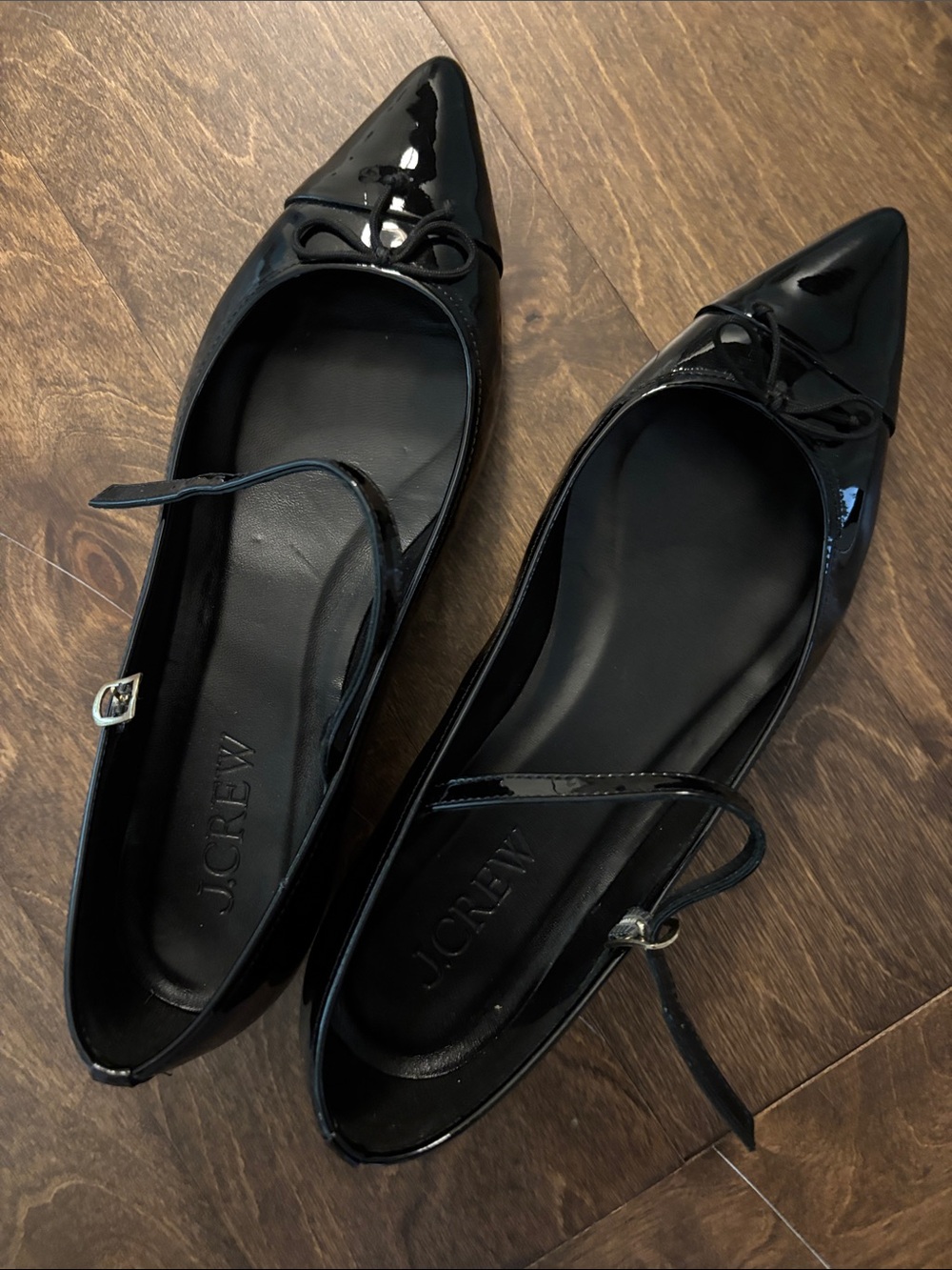 J. Crew Black Patent Pointed-Toe Mary Jane Flats with Bow